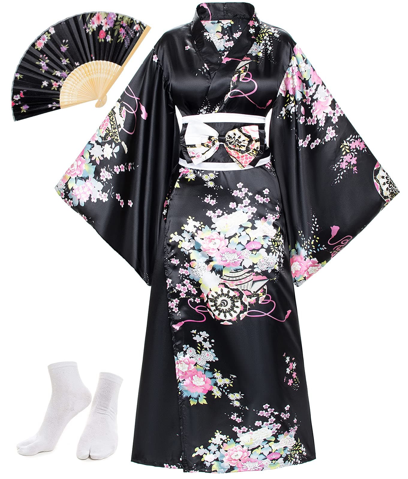 Japanese Anime Womens Long Kimono Robe Fancy Dress Hand Held Silk Folding Fans Tabi Socks Set Black