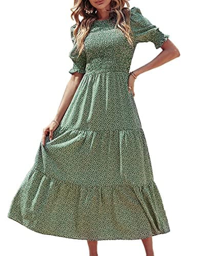 BTFBM Women Casual Summer Dresses 2025 Spring Crew Neck Ruffle Short Sleeve Floral Print Smocked Boho Flowy Maxi Dress(Dot Green White, Small)