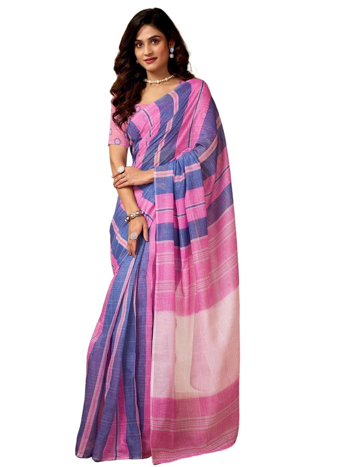 Satrani Women's Chanderi Cotton Printed Ready To Wear One Minute Pre Pleated Readymade Saree with Unstitched Blouse Piece (32RS292N_Pink & Blue)