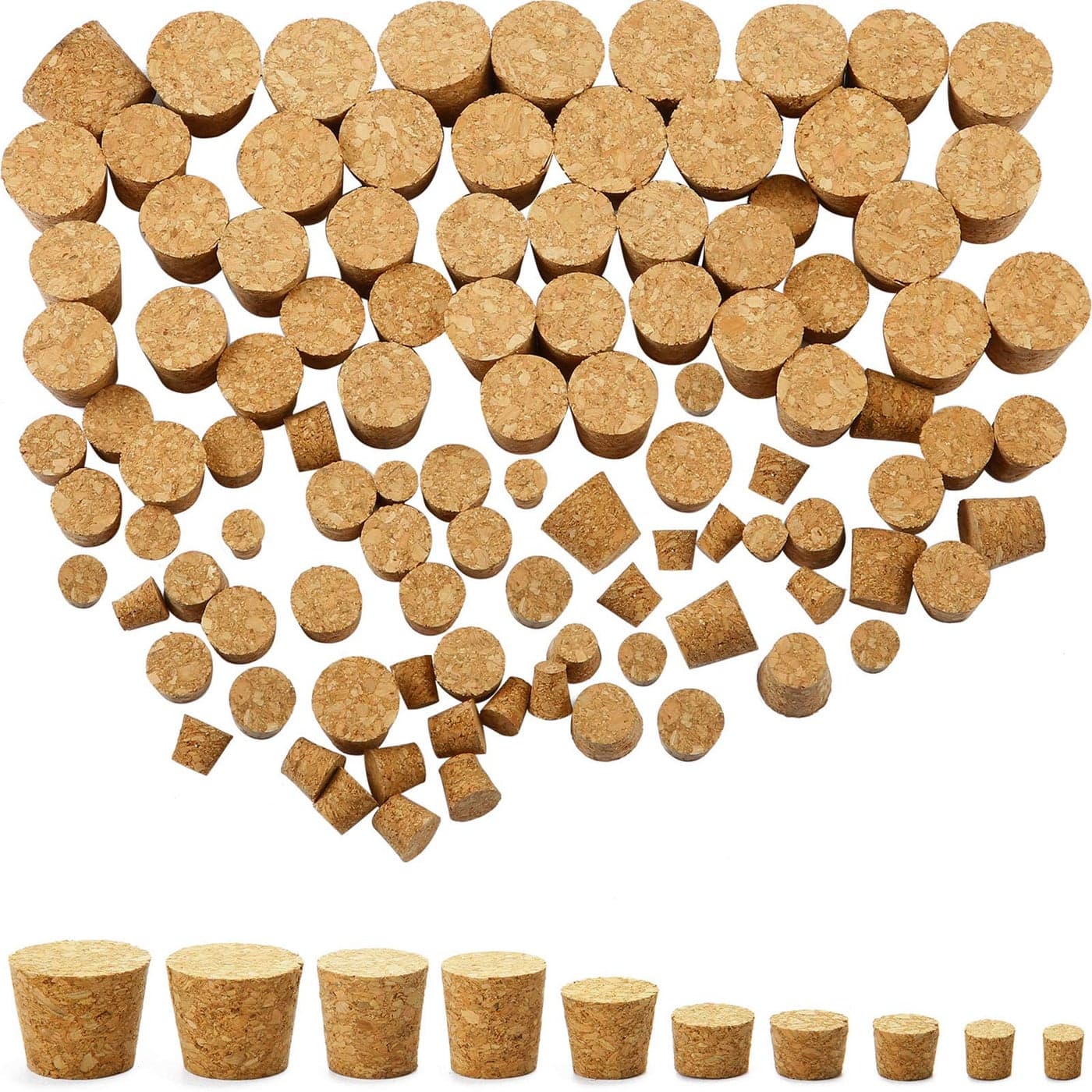 Jetec 100 Pack Assorted Cork Stoppers Different Sizes Variety Wooden Wine Bottle Cork Stoppers Tapered for Replacement Wine Bottle Plugs Crafts, 10 Sizes