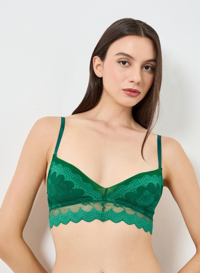 Green Lace Patchwork Padded Non Wired Bra