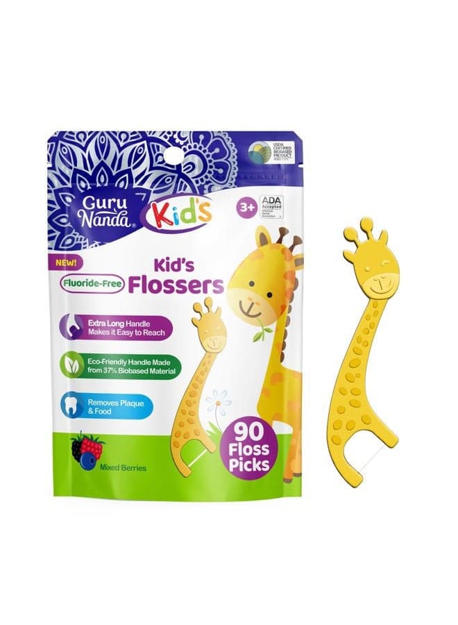Dental Floss Picks for Kids, Extra-Long Giraffe-Shaped Picks, Fluoride-Free, Anti-Slip & Shred-Resistant Design & Eco-Friendly Handle & Berry Flavor, Ideal for Ages 3+, 90 Count (Pack of 1)