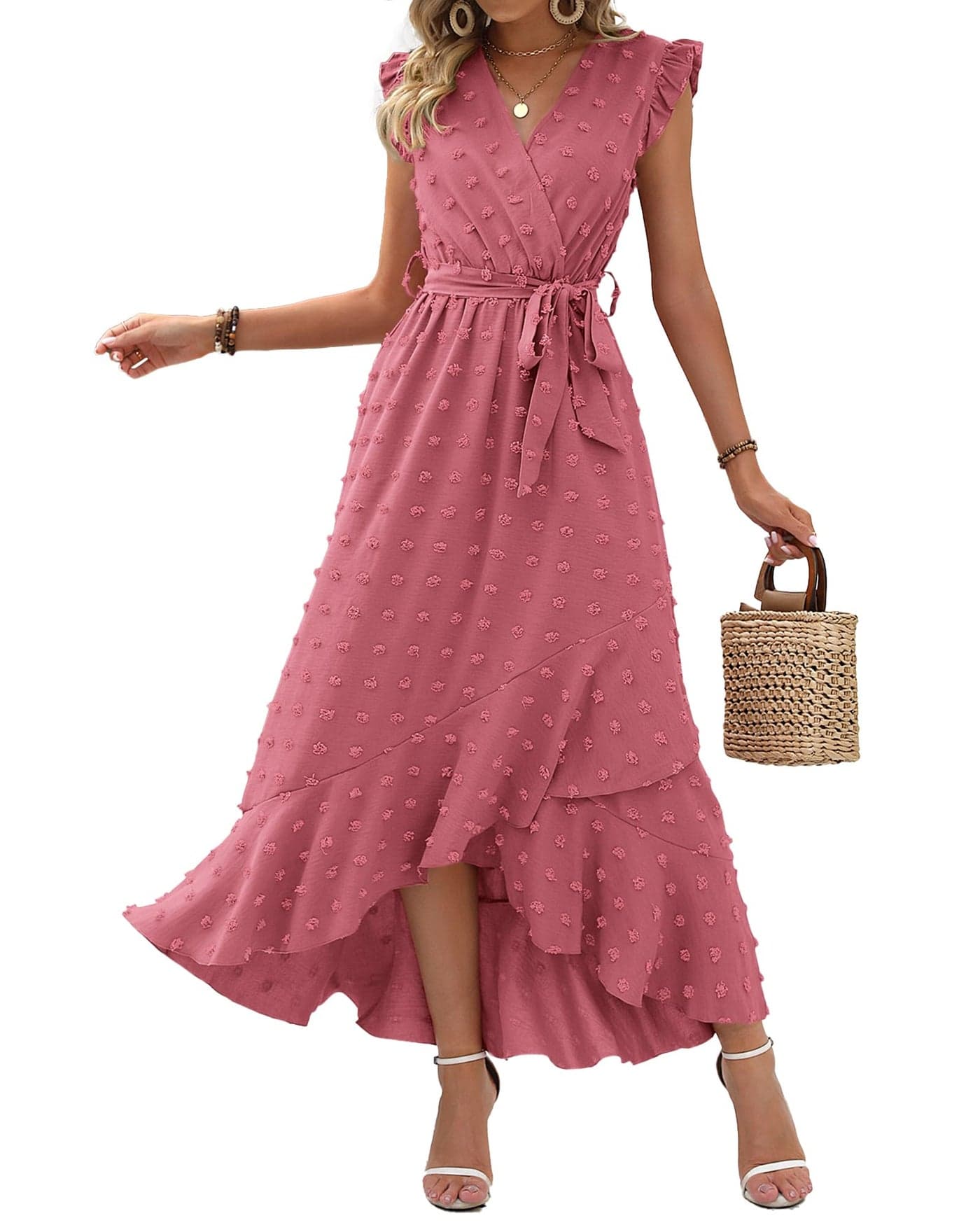 BTFBM Women V Neck Summer Dress 2025 Cap Sleeve Swiss Dot Boho Flowy Ruffle Slit Beach Party Long Maxi Cocktail Dresses(Pink, Small)