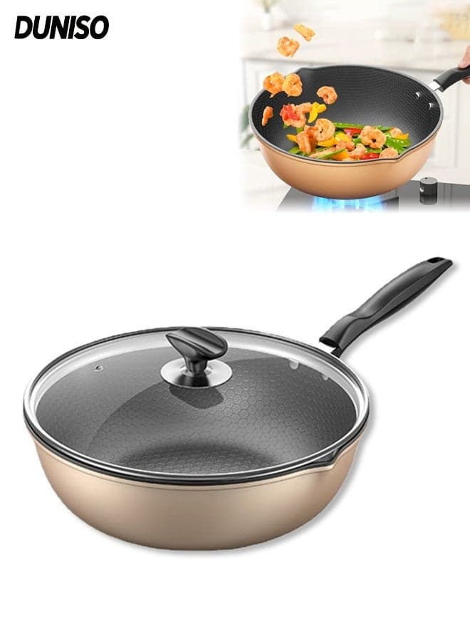 Non Stick Frying Pans, Hybrid 28cm Stainless Steel Frying Pan, Honeycomb Skillet with Lid, Non-Toxic Cooking Pan, Compatible with All Cooktops