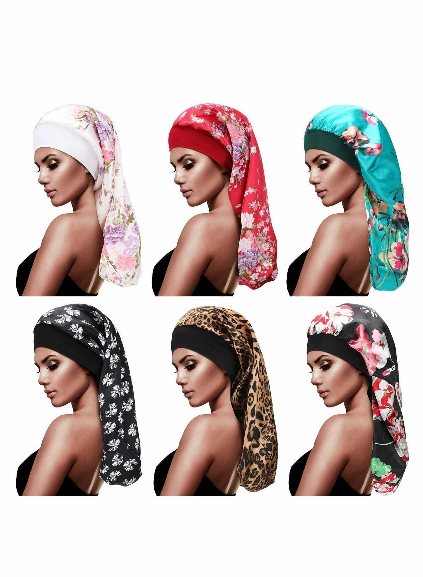 Extra Large Silk Sleep Cap Set of Six Elastic Band Bonnet for Women Girls Curly Hair Braids Dreadlocks Loose Silky Night Hats