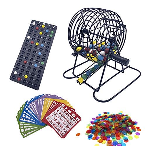 JUNWRROW Deluxe Bingo Game Set6 Inch Metal Cage Master Board75 Colored Balls 50 Bingo Cards500 6 Color Mix Chips and 2 BagsIdeal for Large Groups