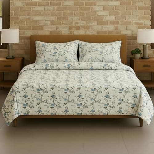 Trance Home Linen Jaipuri Design 180TC 100% Cotton Queen Size Printed Bedsheet | Bedding Set of Queen Size Flat Bed Cover with 2 Pillow Covers (86x104 inch | 7.1ft x 8.6ft - Aster Blue)