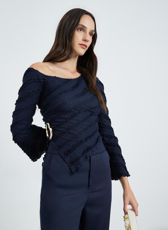Dark Blue Textured One-Shoulder Top