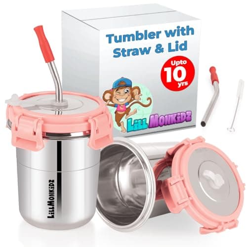 LiLMONKiDZ Steel Tumbler for Kids Set of 2 (300ml Each), Leak Proof Sipper Cups with Lid & Straw, BPA Free Baby Sipper Glass with Cleaning Brush, Drinking Tumbler for Milk, Juice & Water (Ice Pink)