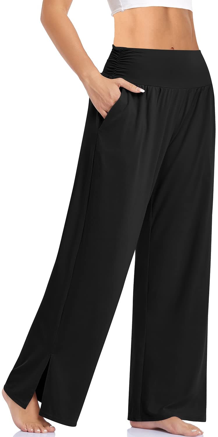 UEU Womens Wide Leg Yoga Pants High Waisted Adjustable Tie Knot Joggers Casual Loose Plus Size Lounge Sweatpants with Pockets (Black, XXL)