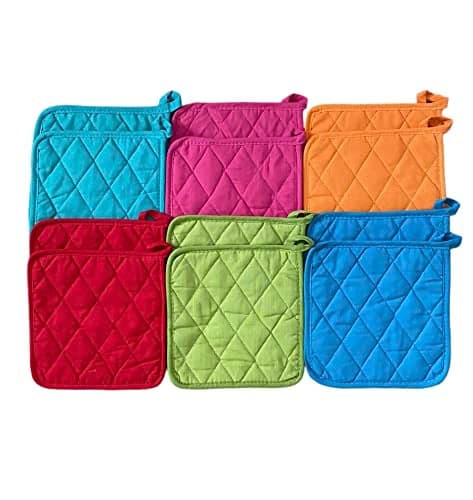Classic Home 12 Pack (Dozen) Pot Holders, Cotton, Heat Resistant, Kitchen Essential, Potholder Set, Trivet for Cooking and Baking with Hanging Loops