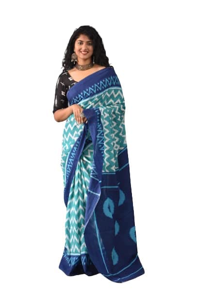 JALTHER Handicrafts Women's Ikat Hand Block Print Jaipuri Cotton Mulmul Saree with Blouse Piece_Blue