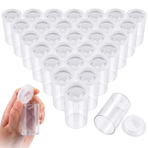 JOVITEC 30 Pieces Plastic Film Canister Holder 35 mm Empty Camera Reel Containers Storage Containers Case with Lids for Storing Small Accessories Film Keys Coins Art BeadsTransparent