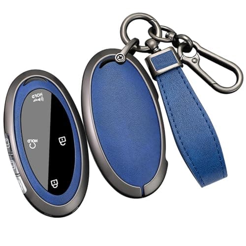 ontto Key Fob Case Fit for Fit for Hyundai Ioniq 9 Grandeur GN7 Kona Elantra Azera Sonata Santa fe Tucson Hybrid Santa Cruz Palisade 2023 2024 2025 2026,Metal and Leather Key Protector, Blue