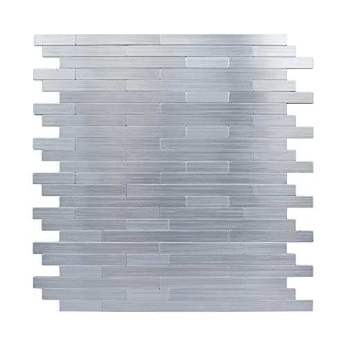 Peel and Stick Backsplash Linear Tiles, Brushed Aluminum Surface Stainless Steel Kitchen Backsplash Mini Subway Mosaic Tiles (6 Sheets)