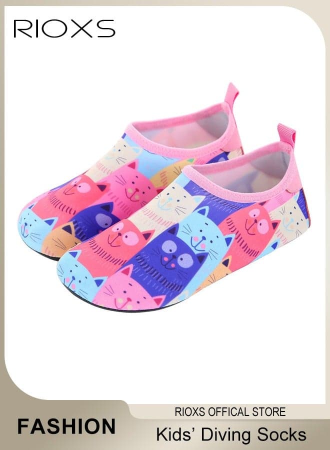 Boys' Girls' Beach Socks Water Shoes, Flat Comfort Athlesiure Shoes for Toddler Baby, Quick Dry Aqua Socks Shoes, Outdoor Beach Walking Shoes, Summer Beach Swimming Pool Water Park Barefoot Shoe, Sports Shoes Barefoot Aqua Socks for Little/ Big Kids, Pink Blue Cat Slip-ons Sock Shoes