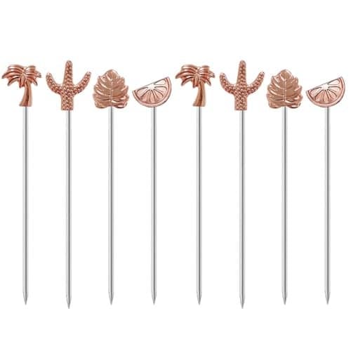 Mewuthede Plant Cocktail Picks, 8 Piece Stainless Steel Martini Picks Reusable Toothpicks Fruit Picks for Drinks, Olives, Appetizer, Sandwiches, Cherries (Rose Gold)