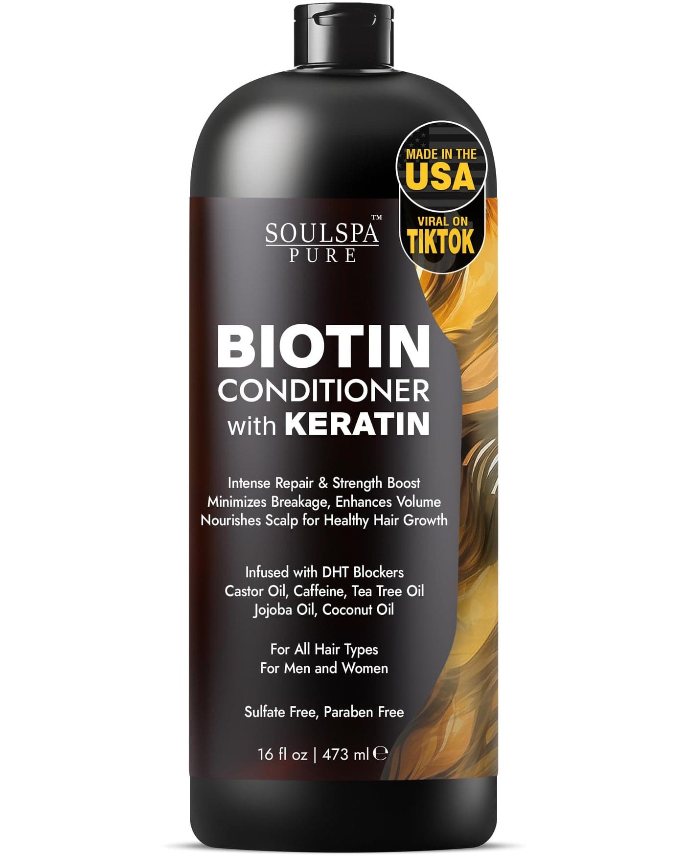 Biotin Conditioner with Keratin Intense Repair Strength Boost Formula Nourishes Scalp for Healthy Hair Growth with Tea Tree Oil DHT Blockers for Men Women 16 fl oz SOULSPA PURE