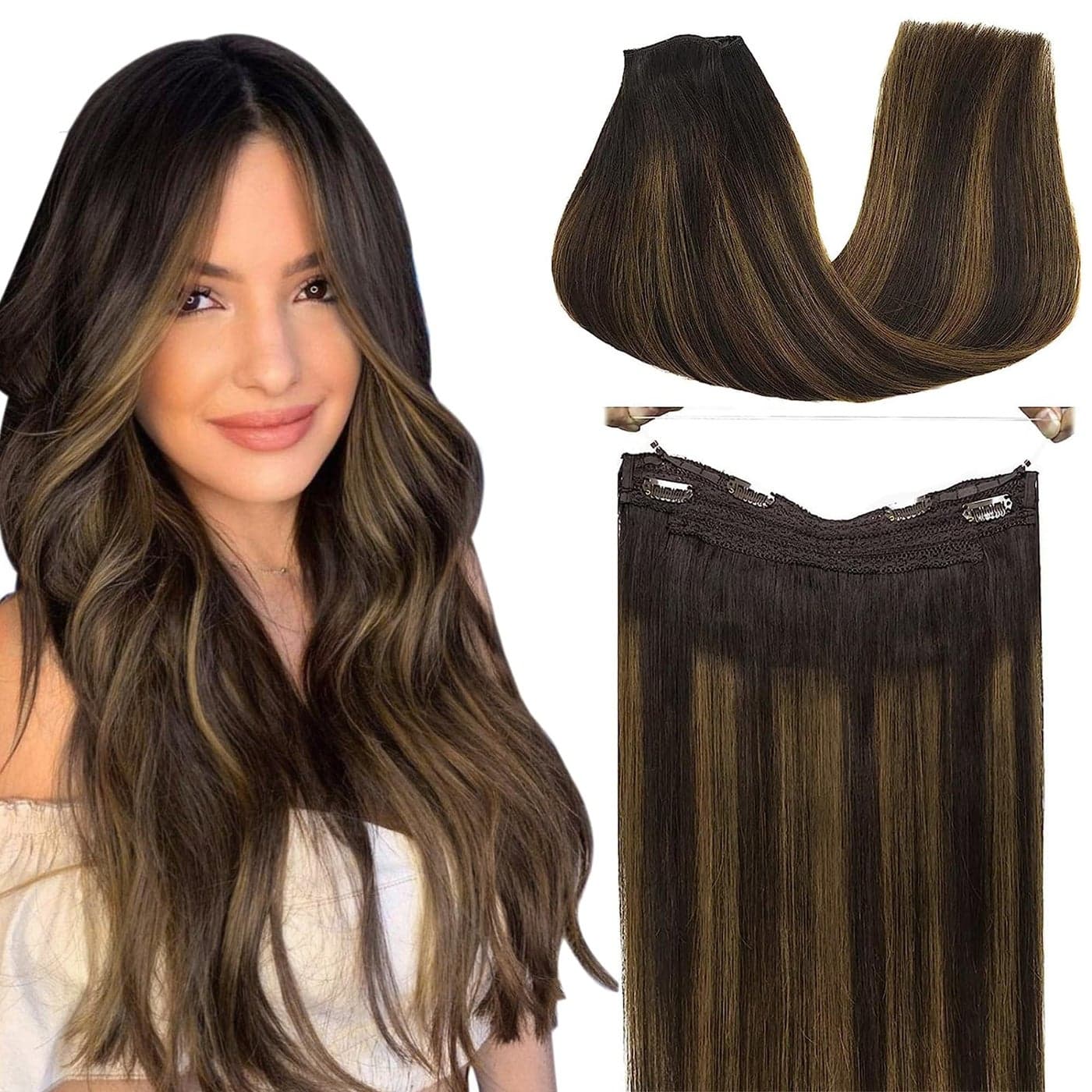 GOO GOO Wire Hair Extensions Human Hair 262 Dark Brown with Chestnut Brown Balayage 14inch 75g Invisible Wire Hair Extensions with Transparent Seamless Fish Line Hairpiece