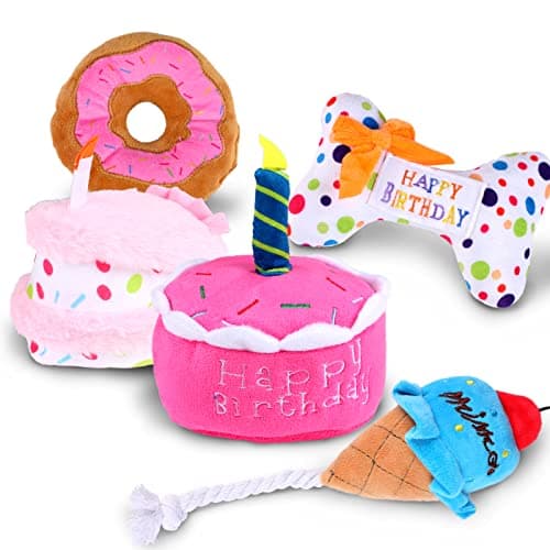 DoreenBow 5 Pack Dog Birthday Toys for Small Dogs Birthday Cake Squeaky Dog Toy Chew Toys Puppy Teething Toys Plush Birthday Box Gift for Dogs