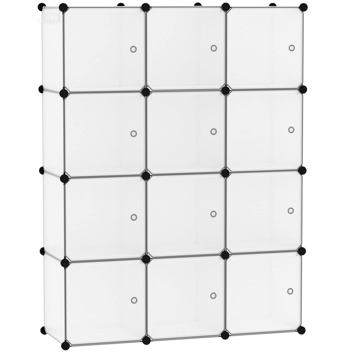 CAHOME Cube Storage Organizer with Doors 12Cube Shelves Closet Cabinet DIY Plastic Modular Bookshelf Ideal for Bedroom Living Room 366L x 124W x 484H Transparent White USHS3012WDOOR
