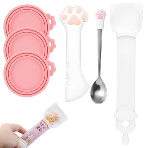 Cfyosnk 6 PCS Cat Food Can Covers Set, Reusable Silicone Can Lids with Opener, Stainless Steel Wet Food Spoon & Cat Treat Squeezer for Pet Feeding and Storage, Fits Cats & Dogs