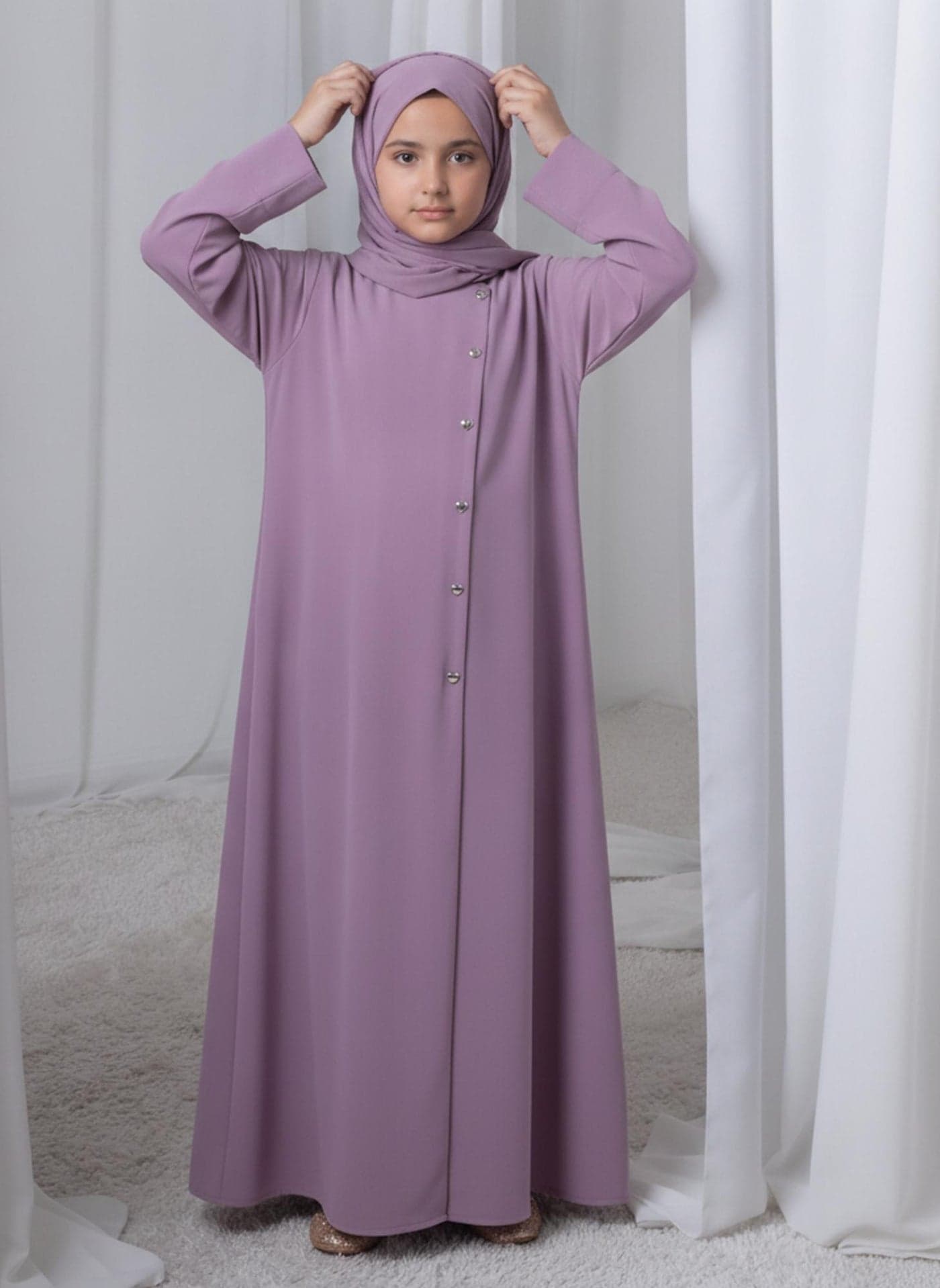 Mauve Kids Abaya with Matching Hijab for Girls Korean Nida Fabric Modest Islamic Dress 8 Colors Available