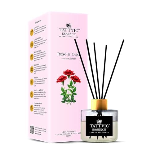 TATTVIC Essence Rose & Oud Reed Diffuser Set 120 ml with 6 Fibre Reed Sticks | Natural Toxin-Free Home Fragrance | Long Lasting Aroma Diffuser for Bedroom, Living Room & Office Use