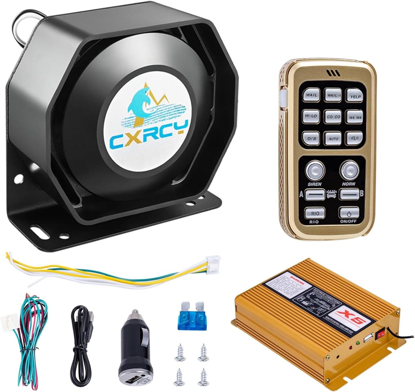 CXRCY 200W Loud PA System with Wireless Mic - 12V Emergency Siren Speaker with 18 Tones