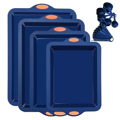To encounter Silicone Baking Pans Set, 4 Pieces Nonstick Bakeware Set with Baking Pans, Baking Sheets, Cookie Sheets, Cake Pan with Grips and Metal Reinforced Frame More Strength, Navy Blue