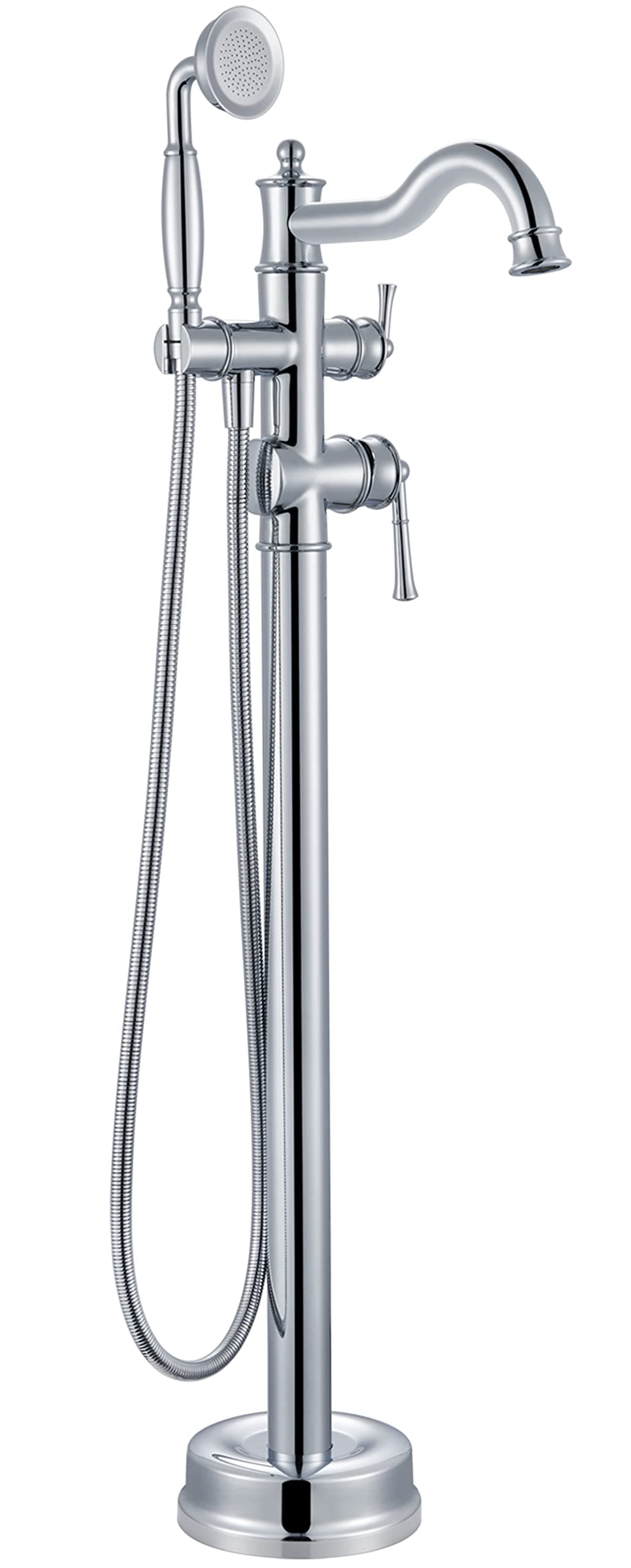WINKEAR Freestanding Floor Mount Tub Filler with Handheld Shower Roman Bathtub Faucet by Chrome Finish, Swivel Spout with Brass Rough-in and Water Hose