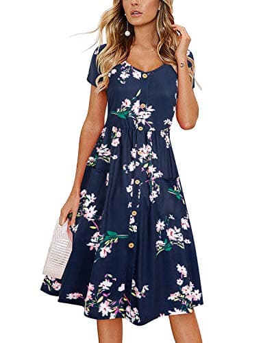 VOTEPRETTY Women's Summer Dresses for 2024 Sundresses Casual Short Sleeve V Neck Button Floral Midi Pocket Fashion Spring Outfits(Floral03,L)