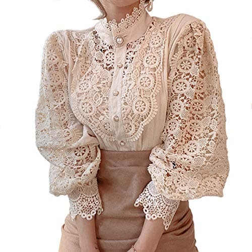 Women’s Elegant Lace Trim Shirts Casual Victorian Blouse Long Sleeve Button Down Tops(XXL,Apricot)