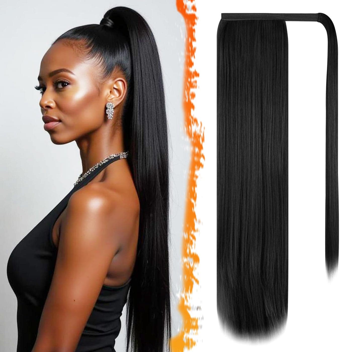 BARSDAR Black Straight Wrap Ponytail Extension 28 Inch Long Straight Wrap Around Ponytail for Women Clip in Ponytails Hair Extensions Synthetic Black Pony Tails Hairpieces Daily