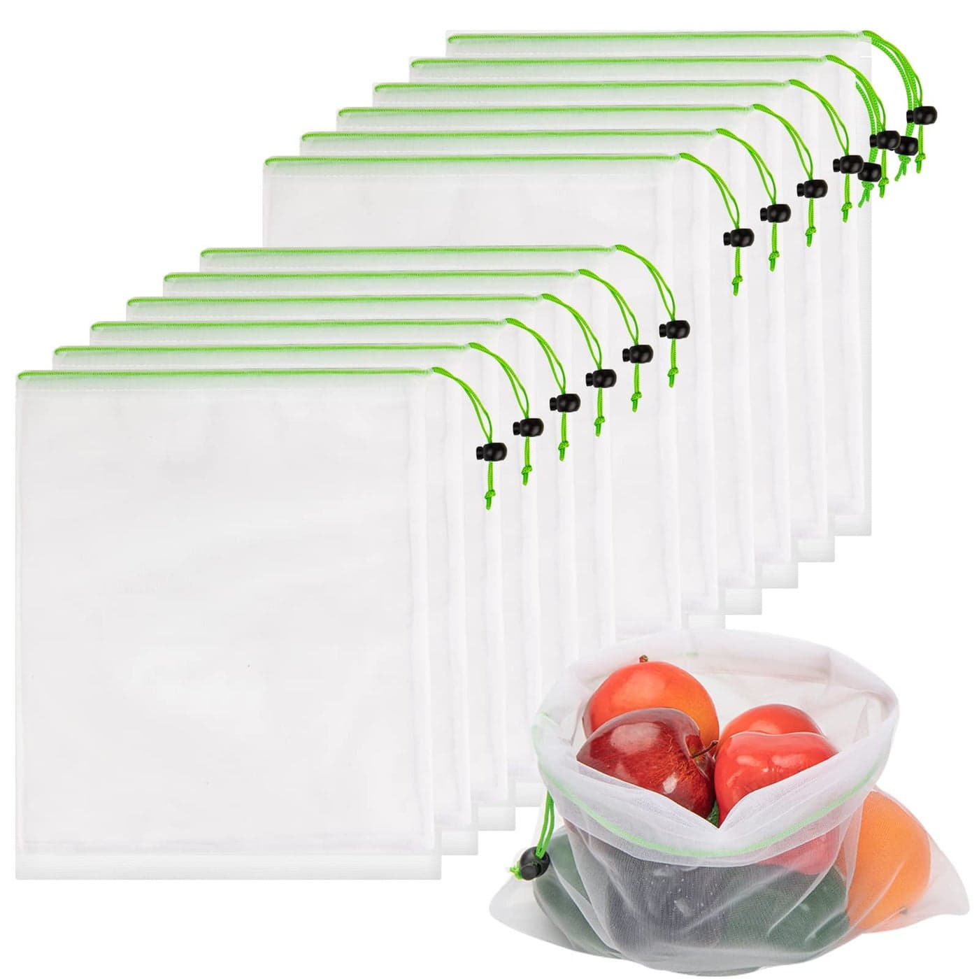 JSVSLTD Set of 12 Reusable Mesh Produce Bags Medium 12x14 Green Polyester Washable Drawstring Closure