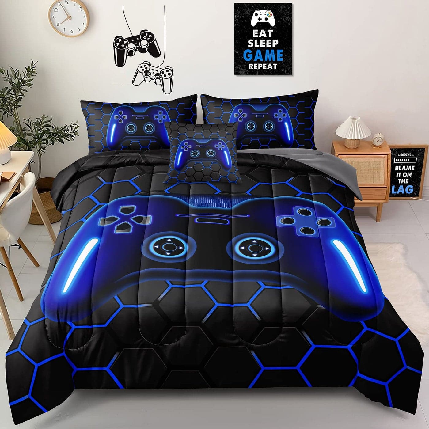 ZJian HOME 6 Pieces Gaming Bedding Set Full Size for Boys Gamer Comforter Set for Boys Girls Kids Teens 6 Piece Bed in A Bag Video Game Bedding for Gamer Room Decorative Full45