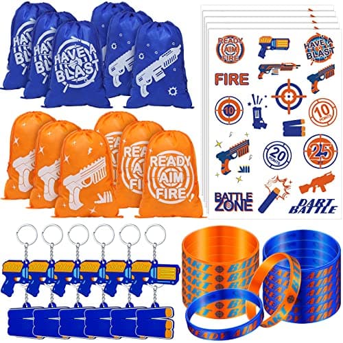 Sureio 138 Pcs Dart Battle Party Supplies Include Wars Goody Treat Bags Dart Themed Silicone Rubber Bracelet Wristbands Keychain Temporary Tattoos for Battle Birthday Party Favors
