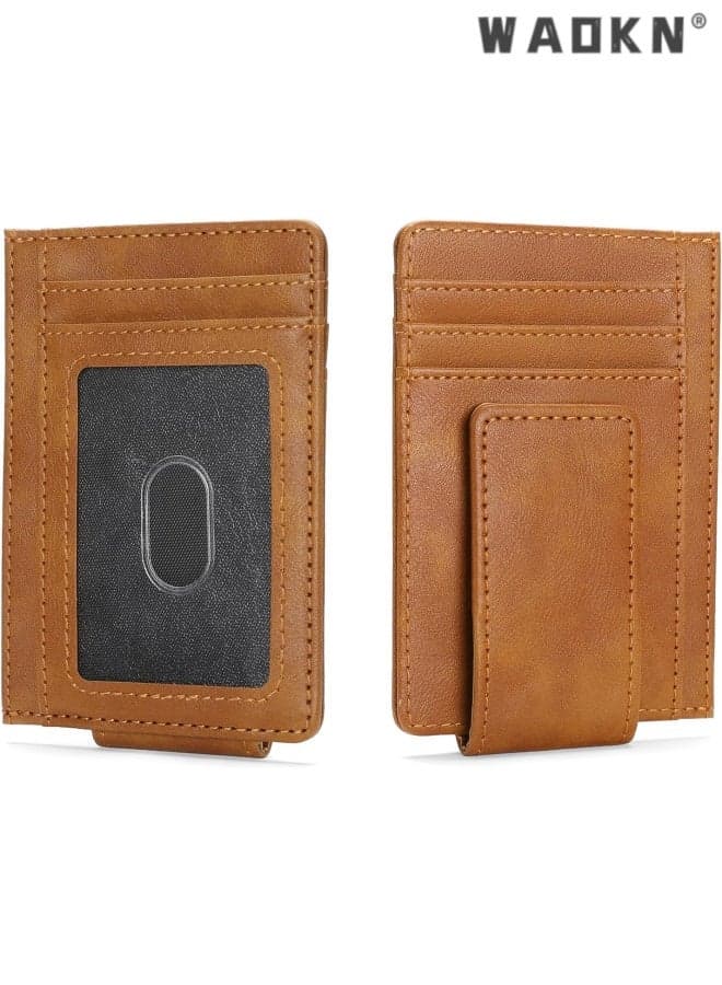 Magnetic Closure Slim Wallet for Men Leather RFID Blocking Minimalist Front Pocket Money Clip Wallet Credit Card Holder , Suitable for work , shopping , business trips , and travel , 12*8.1cm , for men , brown.