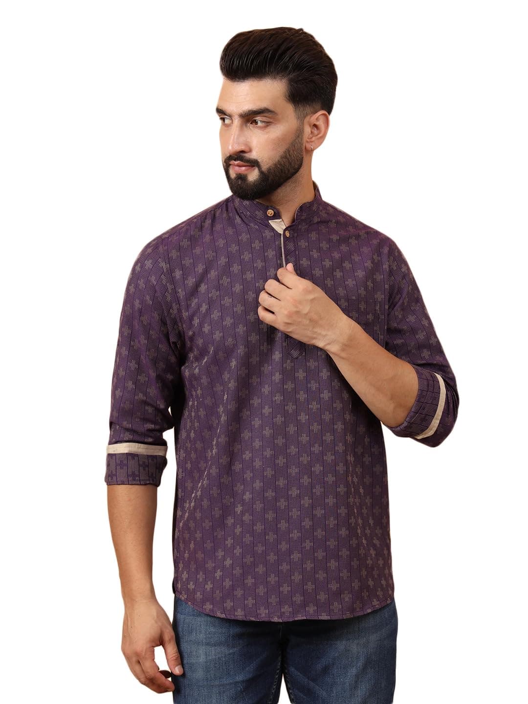 LATEST CHIKAN Men's Cotton Regular Self Design Short Kurta Full Sleeves - Casual Ethnic Wear -SKFS-PLUS-PR-40 Purple
