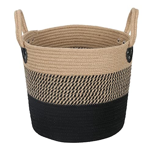 ZOES HOMEWARE 14x12 Natural Jute Rope Woven Storage Basket with Handles for Plant BlanketsToys Living Room Home DecorMultifunctional Basket for OrganizerPicnicArtificial Tree Black and Beige
