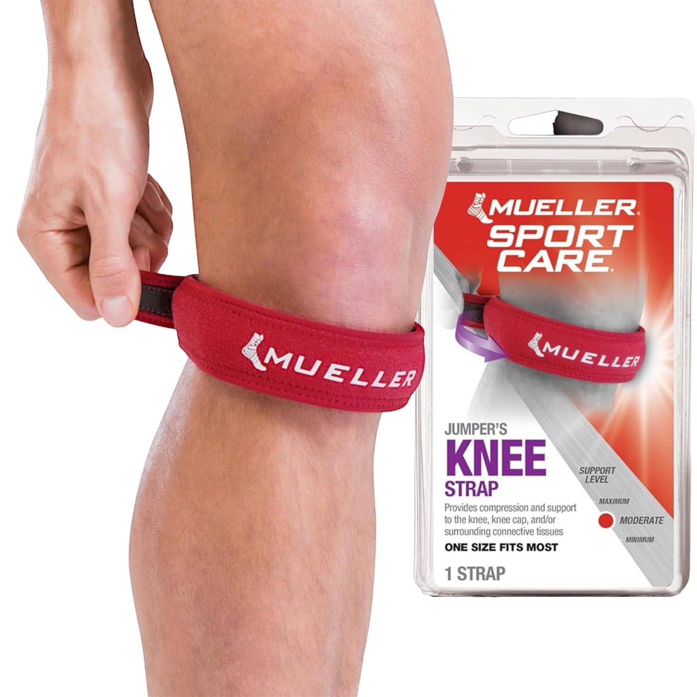 MUELLER Sports Medicine Jumpers Knee Single Strap for Men and Women Knee Compression and Pain Relief Support Ideal for OsgoodSchlatters Patellar Tendinitis Red One Size
