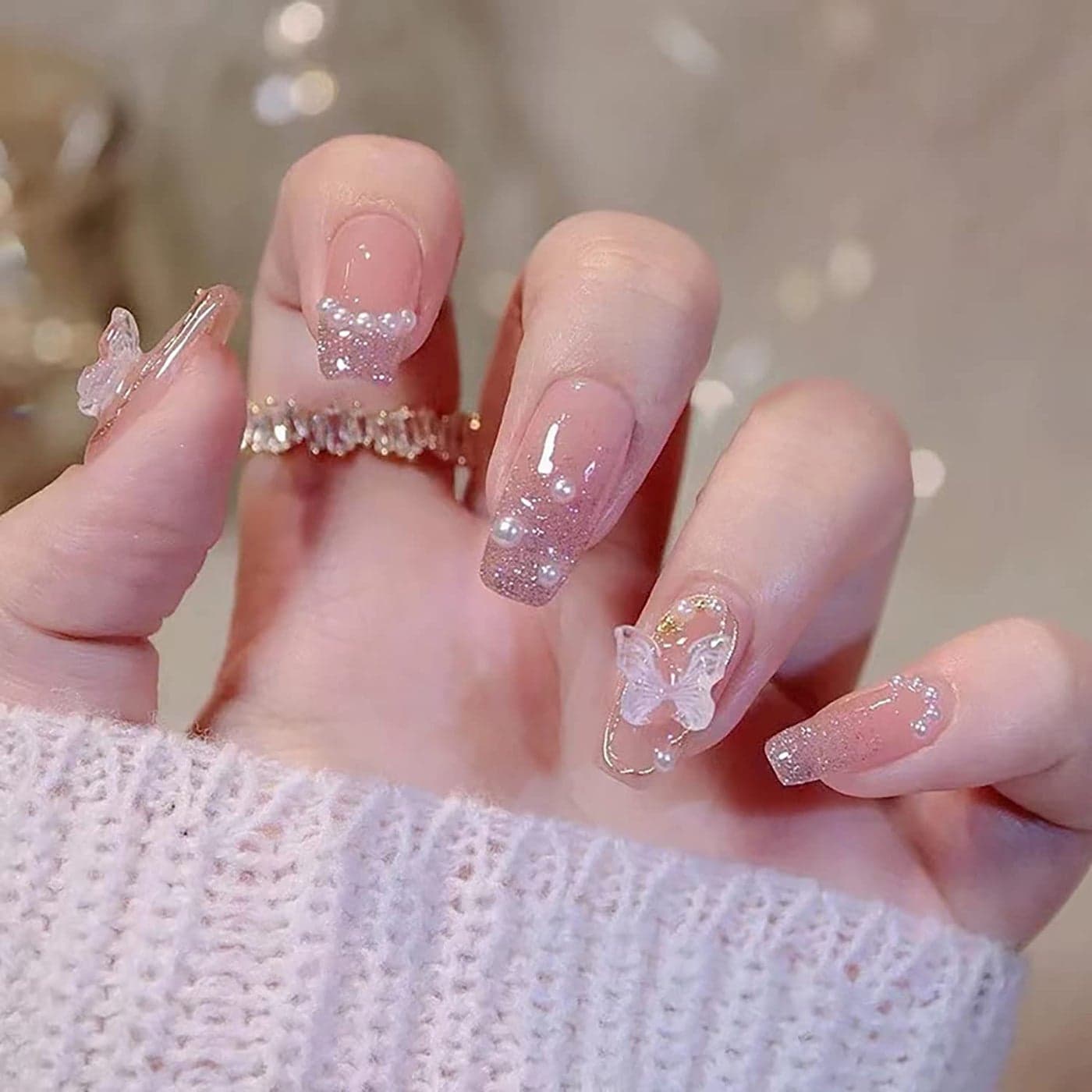 Press on Nails Square Medium Length Artificial Acrylic Fake Nails with Butterfly Pearl Designs 24Pcs Full Cover Reusable Coffin False Nails Set Women Glue on Nails Stick on Nails for Nail Art