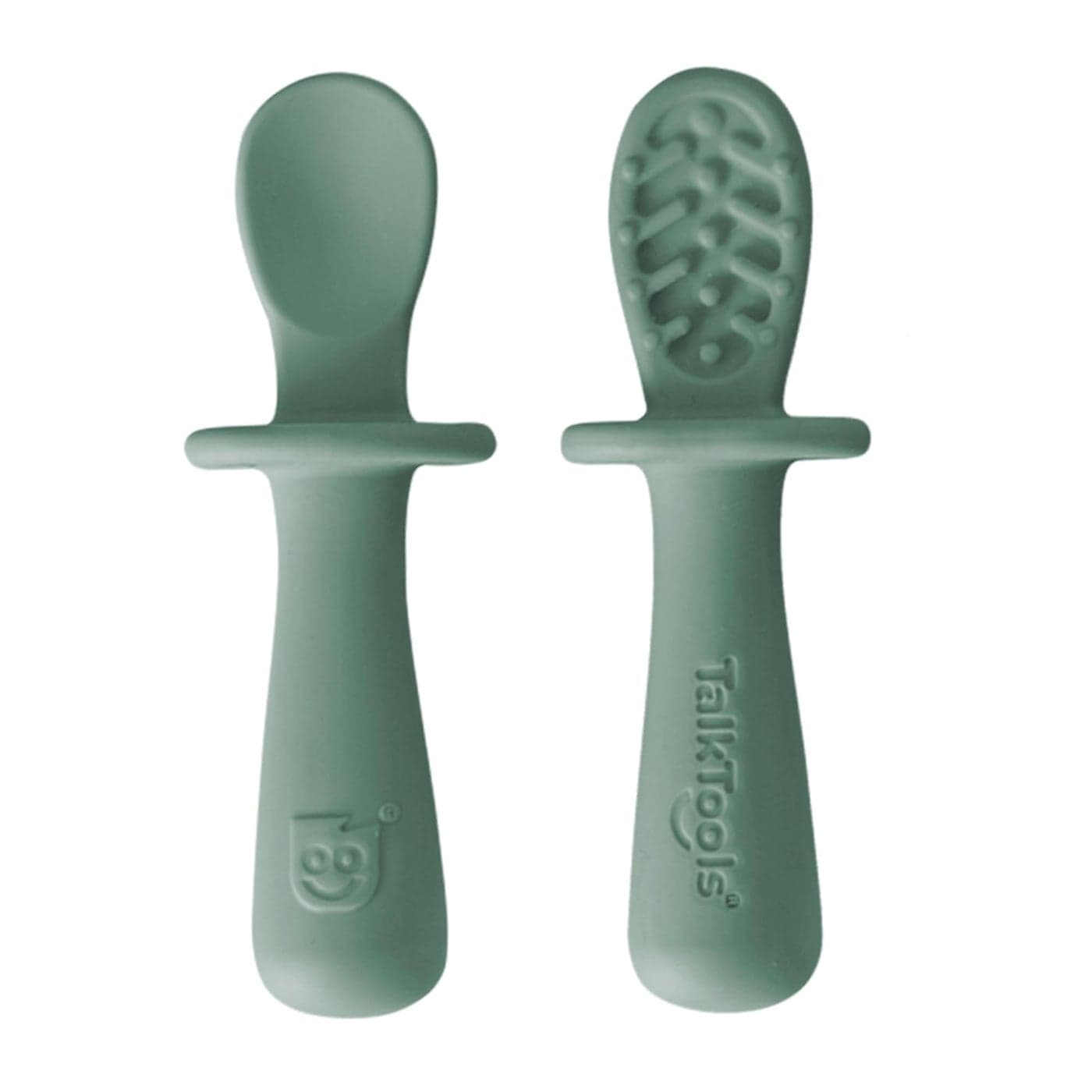 TalkTools ITSY Tiny Silicone Spoons Twin Pack Soft Silicone SelfFeeding Training Spoons for Kids Toddlers AntiChoking Flange Guard and NonSlip Handle Sage
