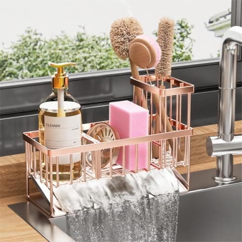 Cisily Sink Caddy Organzier with High Brush Holder Sponge Holder for Sink 304 Rustproof Stainless Kitchen Countertop Soap Dispenser Organizer Rose Gold Kitchen Decor and Accessories