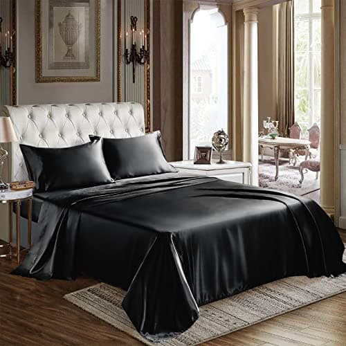 CozyLux Satin Sheets Full Size Sheets - 4 Piece Silky Full Size Bed Sheets, Luxury Black Bed Set with Smooth and Soft Microfiber, Includes 1 Fitted Sheet, 1 Flat Sheet and 2 Pillowcases