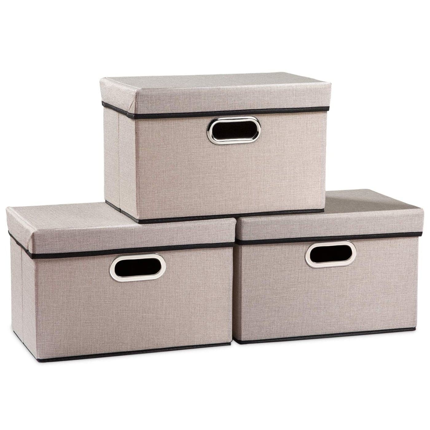 PRANDOM Foldable Storage Bin with Lid 3Pack Linen Fabric Decorative Storage Box Organizer Container Basket Cube with Handles Divider for Closet Office Living Room Light Grey149x98x98
