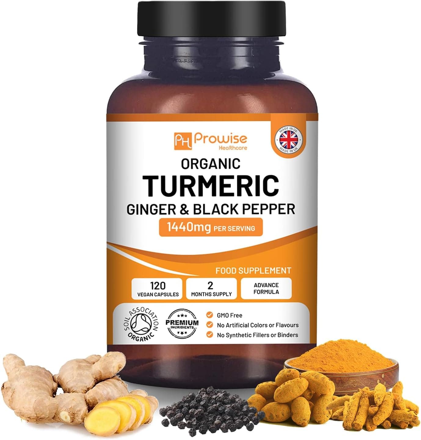 Organic Turmeric Capsules High Strength 1440mg 120 Capsules with Black Pepper Ginger Active Ingredient Curcumin 2 Month Supply Made in UK by Prowise Healthcare
