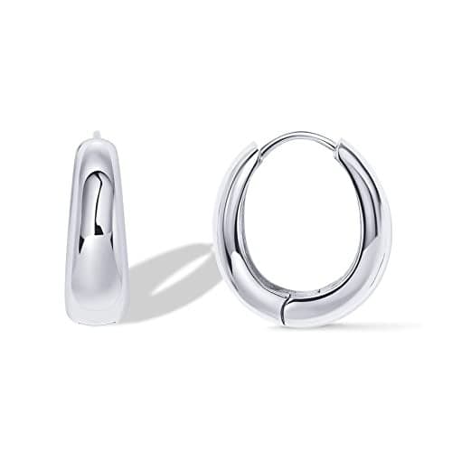 PAVOI Rhodium Plated 925 Sterling Silver Post Small Chunky Hoops Earrings - Thick Lightweight Gold Hoop Earrings for Women
