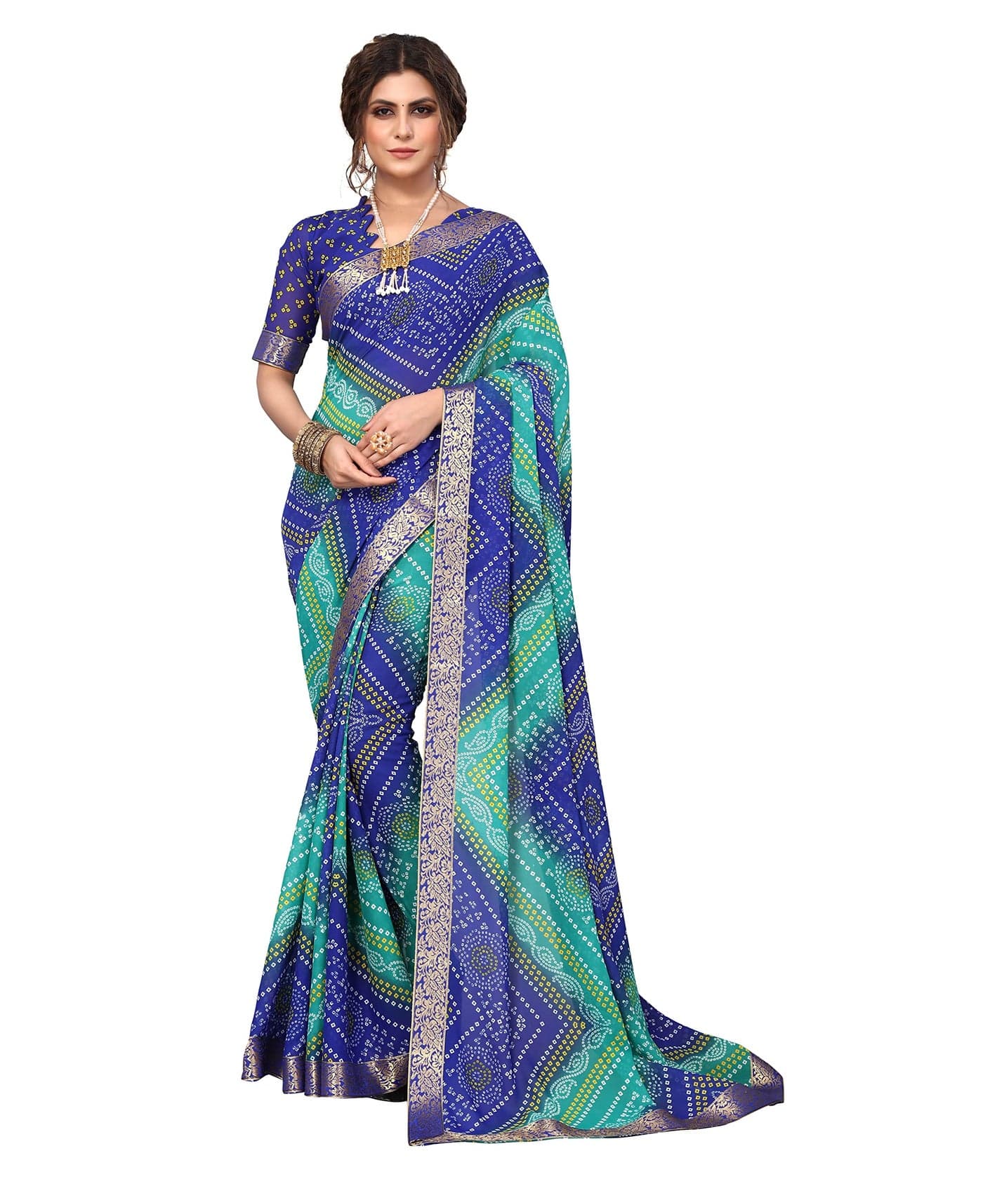 Yashika Women's Printed Georgette With Lace Saree With Blouse Piece (VERA BLUE)