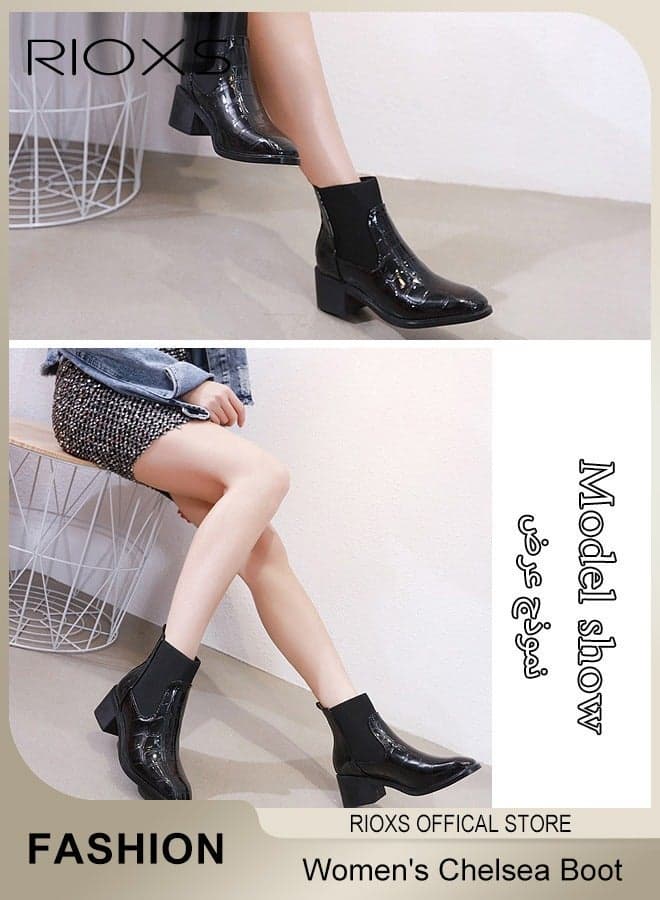 Women's Chelsea Boot, Fashion PU Leather Short Patent Leather Boots, Elastic Low Flat Boots, Waterproof Ankle Garden Shoes, Rain Boots For Wpmen, Anti Slip Slip On Boots, Ladies Stylish Lightlight Chelsea Booties, Women's Rain Footwear